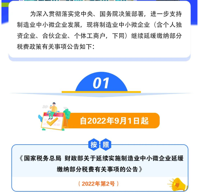 關(guān)于制造業(yè)中小微企業(yè)繼續(xù)延緩繳納部分稅費有關(guān)事項的公告