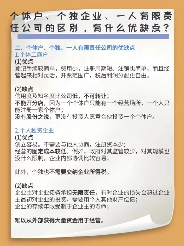 個體戶、個獨(dú)企業(yè)、一人有限責(zé)任公司的區(qū)別，有什么優(yōu)缺點(diǎn)